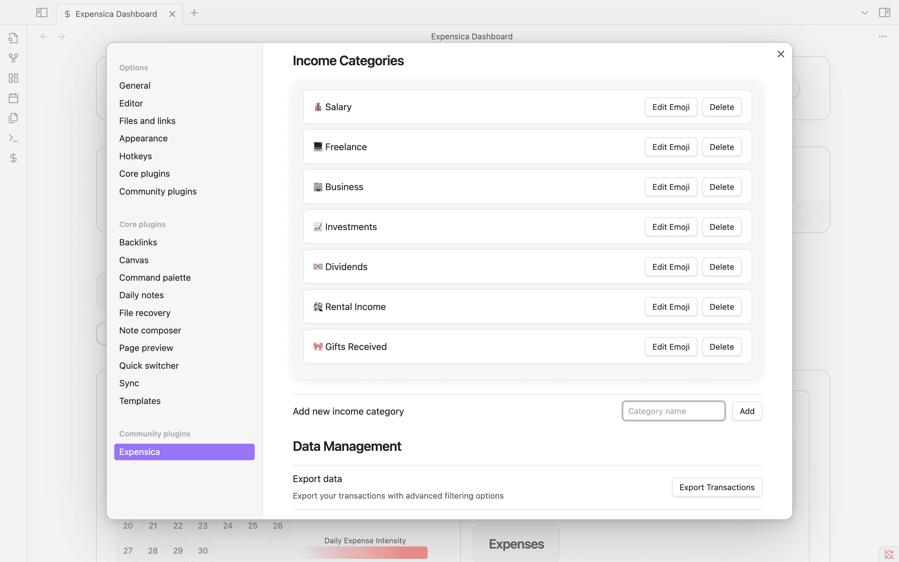 Categories management in Expensica